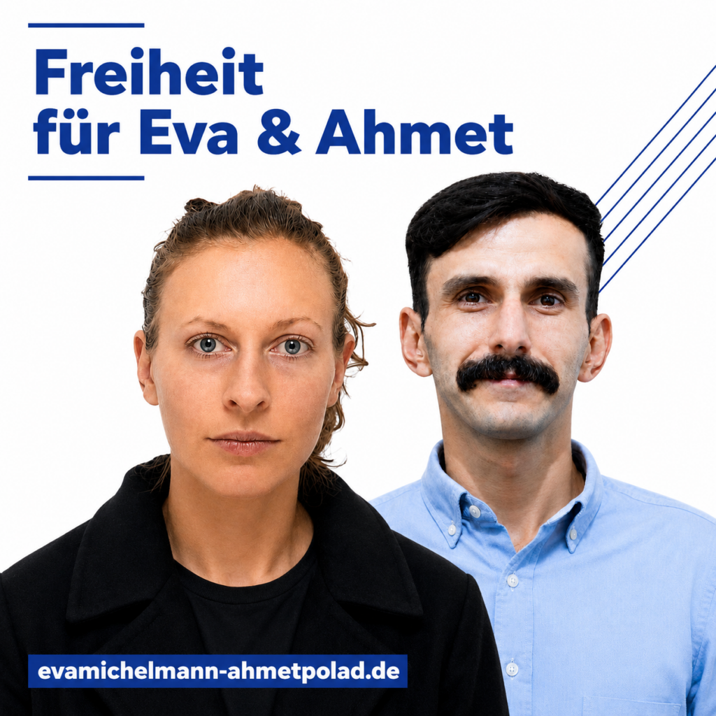 Kampagnenmotiv „Freiheit für Eva & Ahmet“ mit Eva Maria Michelmann und Ahmet Polad auf weißem Hintergrund mit blauem Akzent.