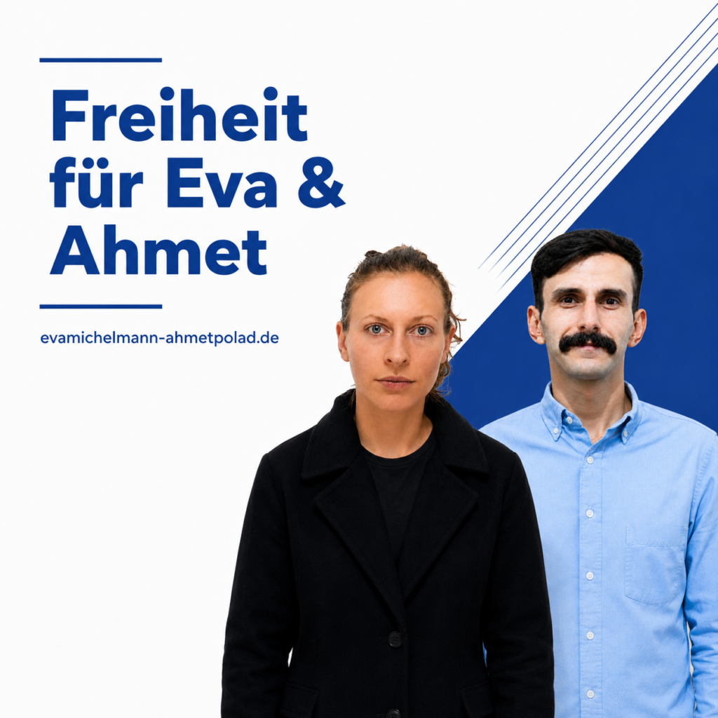 Quadratisches Kampagnenmotiv mit Eva Maria Michelmann und Ahmet Polad, schwarzes Oberteil und hellblaues Hemd, weißer Hintergrund, blaue Akzentgrafik.
