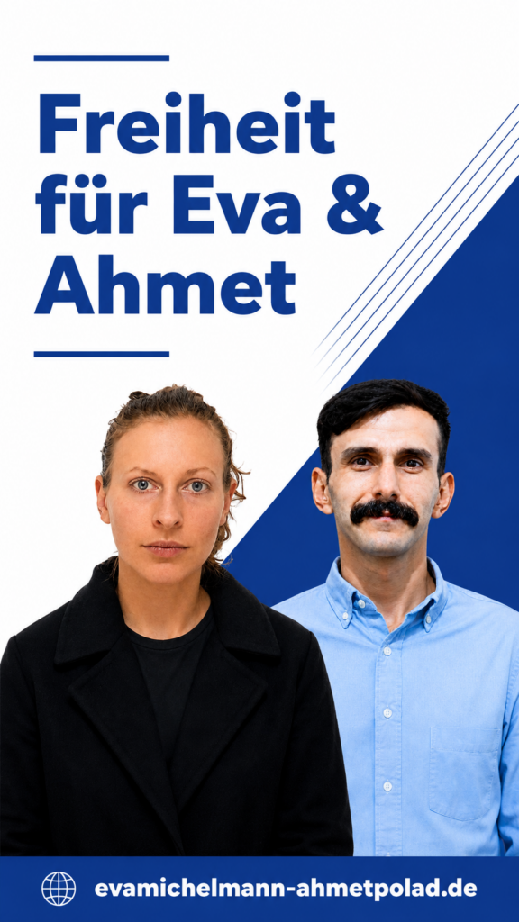 Hochformatiger Solidaritäts-Post mit der Forderung „Freiheit für Eva & Ahmet“ und der Website evamichelmann-ahmetpolad.de.